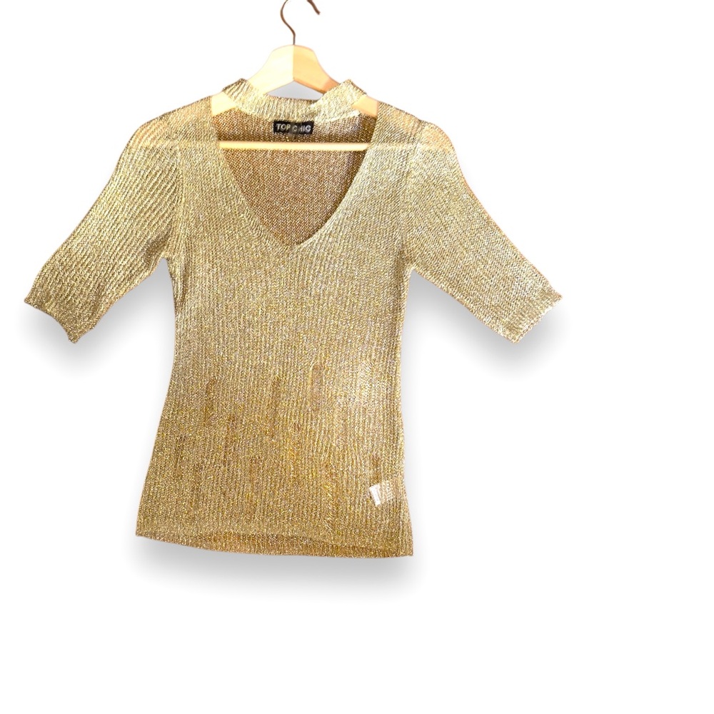 Gold Metallic Knit Top with 3/4 Sleeves - Shimmer & Shine Size Small